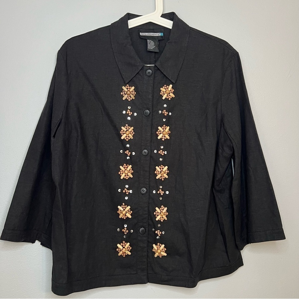 WOMENS REQUIREMENTS LINEN RAYON BLEND BLACK BEADED BUTTON DOWN SHIRT 12 Mature